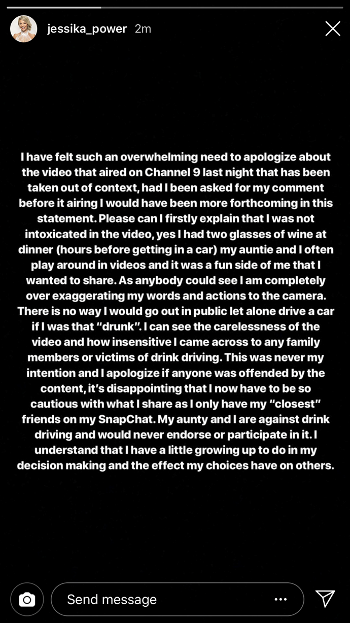 Jessika posted this apology on her Instagram story on Monday night. *(Image: @jessikapower/Instagram)*