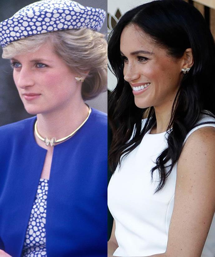 Meghan paid tribute to Diana in the sweetest way by wearing butterfly earrings that once belonged to Diana as she attended various engagements around Sydney last year. *(Images: Getty)*