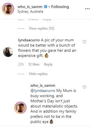 Ouch! Fans were not happy with the selfie Sam posted on Mother's Day. *(Source: Instagram/who_is_samm)*