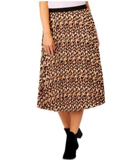 Big W's leopard print skirt looks runway ready, and at $20, we can't fault it! Buy it [here](https://www.bigw.com.au/product/b-collection-women-s-leopard-print-pleated-skirt-multi/p/1121339-leopard/|target="_blank"|rel="nofollow"). *(Image: Big W)*