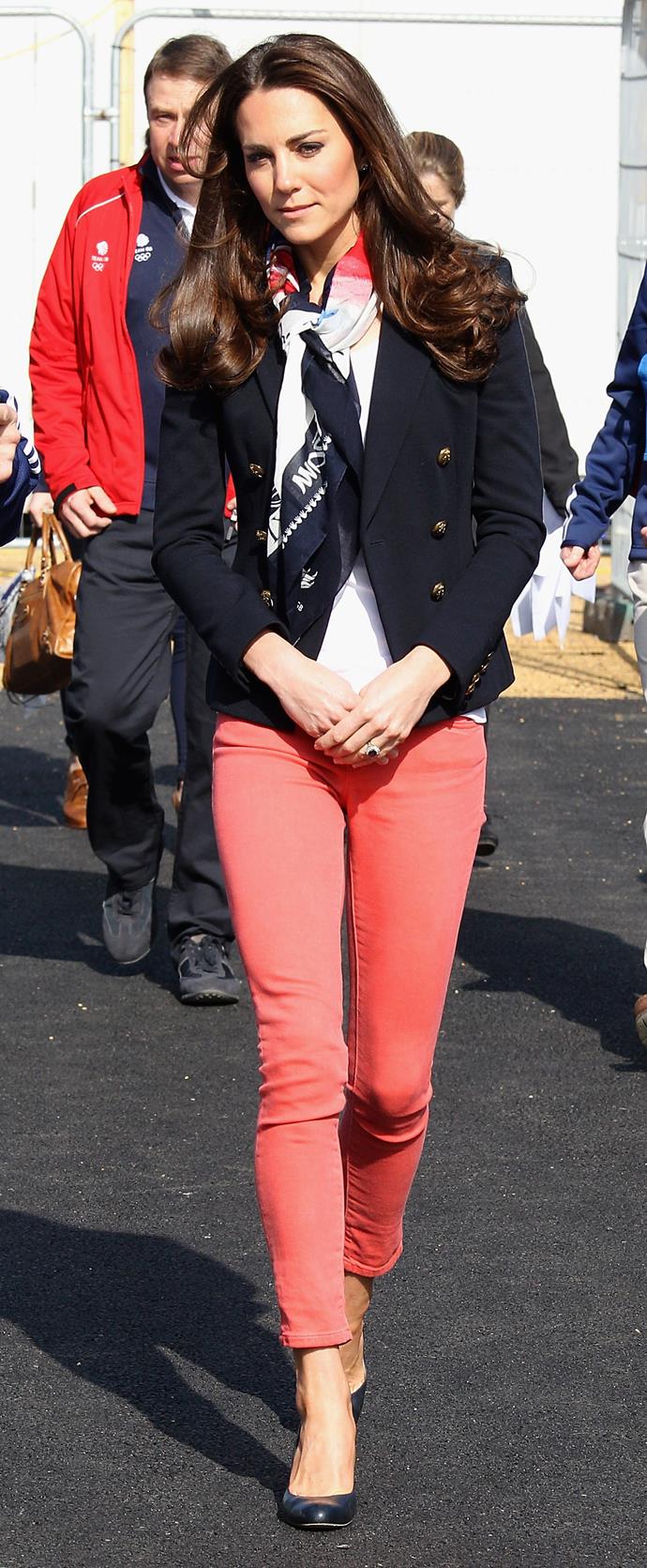 In 2012, Duchess Catherine stepped out to meet members of the British hockey team in a pair of *very* loud red skinny jeans. That's one way to make a statement!