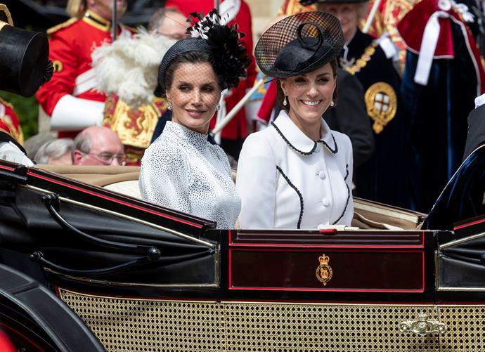 Kate and Queen Letizia of Spain entered the special event via horse carriage.