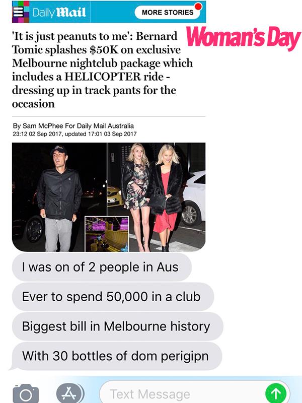 In one text, Bernard brags about spending $50,000 in a Melbourne club.