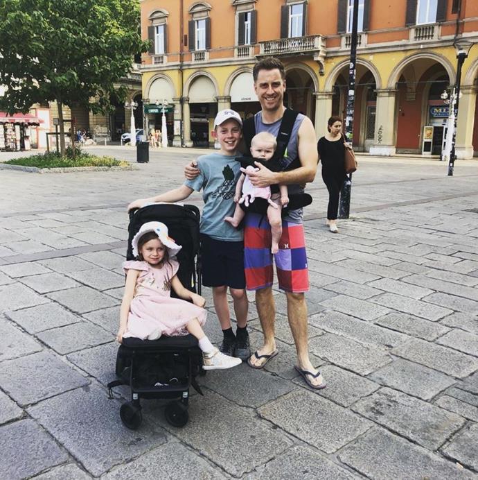 "Flying solo, this could go bad. Bologna," Chris captioned this adorable snap with the kids.