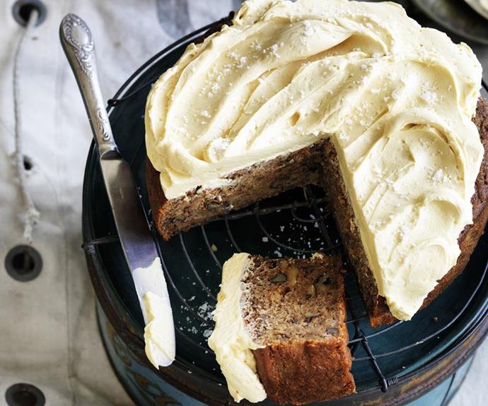 **Banana coffee and walnut cake with salted caramel frosting**
<br><br>
Topped with whipped caramel frosting sprinkled with sea salt, this moist banana, walnut and coffee cake is perfect for a special occasion.
<br><br>
*See the full Australian Women's Weekly recipe [here](https://www.womensweeklyfood.com.au/recipes/banana-coffee-and-walnut-cake-with-salted-caramel-frosting-14812|target="_blank").* 
