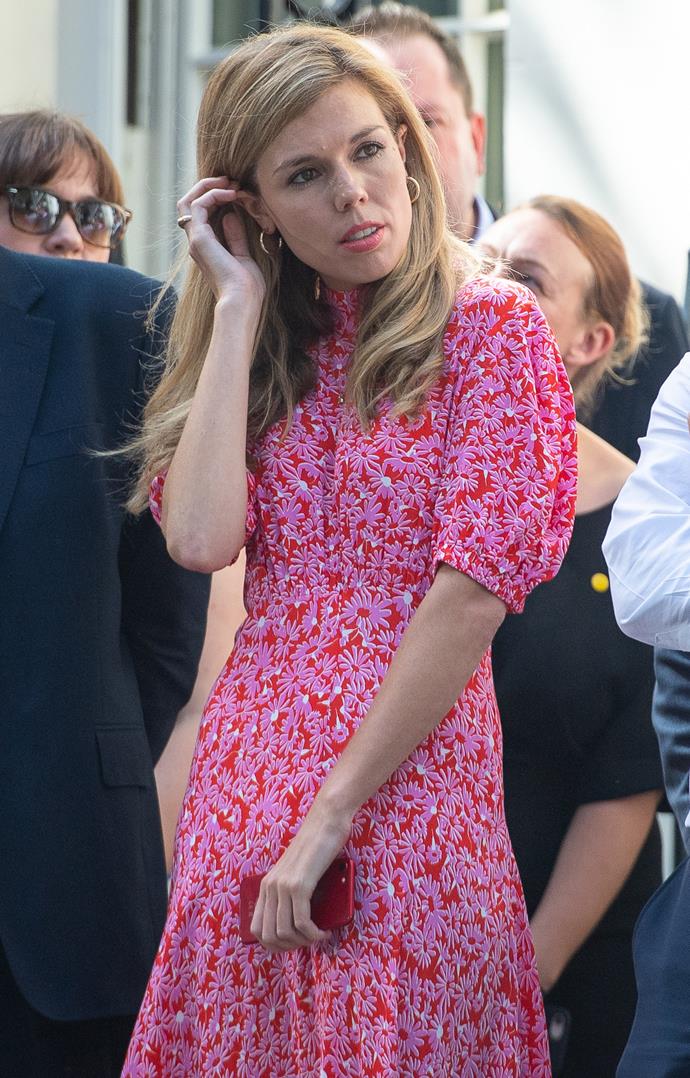 Carrie, pictured outside Downing Street, wore this pretty summer dress after her official public appearance.