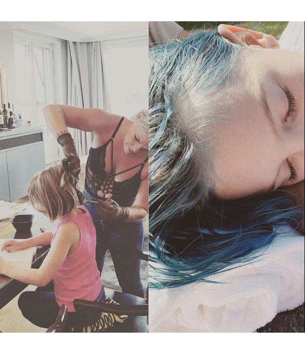 Pink dyes her daughter, Willow Sage's hair blue.