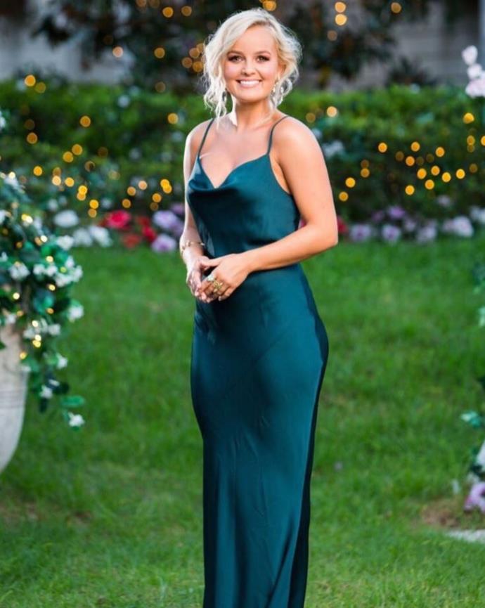 Elly's teal slip dress is simple perfection. And that up-do just makes it even more stunning.