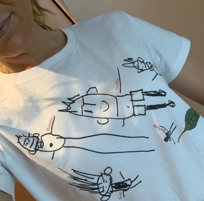 "Not sure daddy is happy that his head is as wide as his body but mummy loves her long 🦵🦵!!!! Thanks Evie for your beautiful drawing of the family. Couldn't resist making it into a t-shirt."