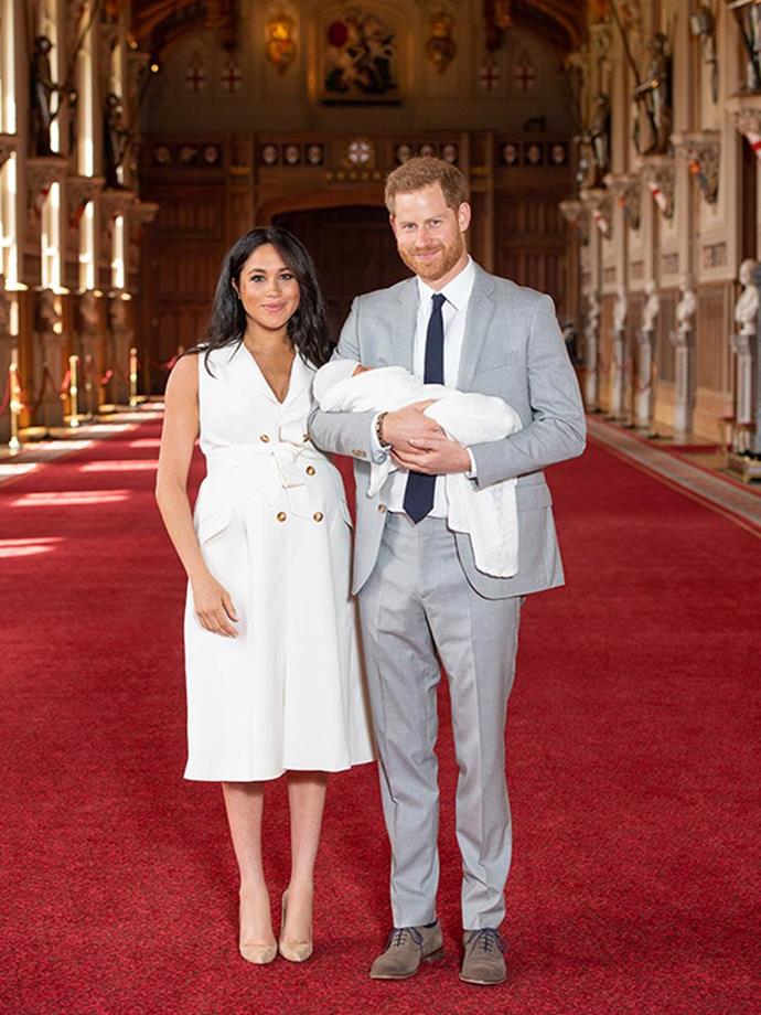He's here! Duchess Meghan's joy was clear after she welcomed her baby son Archie in May. Stepping out for the very first time just days after giving birth, Meghan's white tuxedo-style dress, which was designed by talented British up-and-coming designer [Grace Wales Bonner](https://www.nowtolove.com.au/fashion/fashion-news/meghan-markle-baby-white-dress-designer-55607|target="_blank") was nothing short of perfection.  