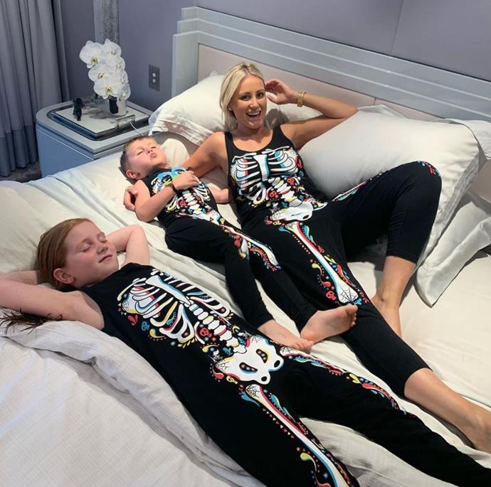 It's a trio of skeletons! Oh wait, it's just PR maven Roxy Jacenko and her kids Pixie and Hunter.