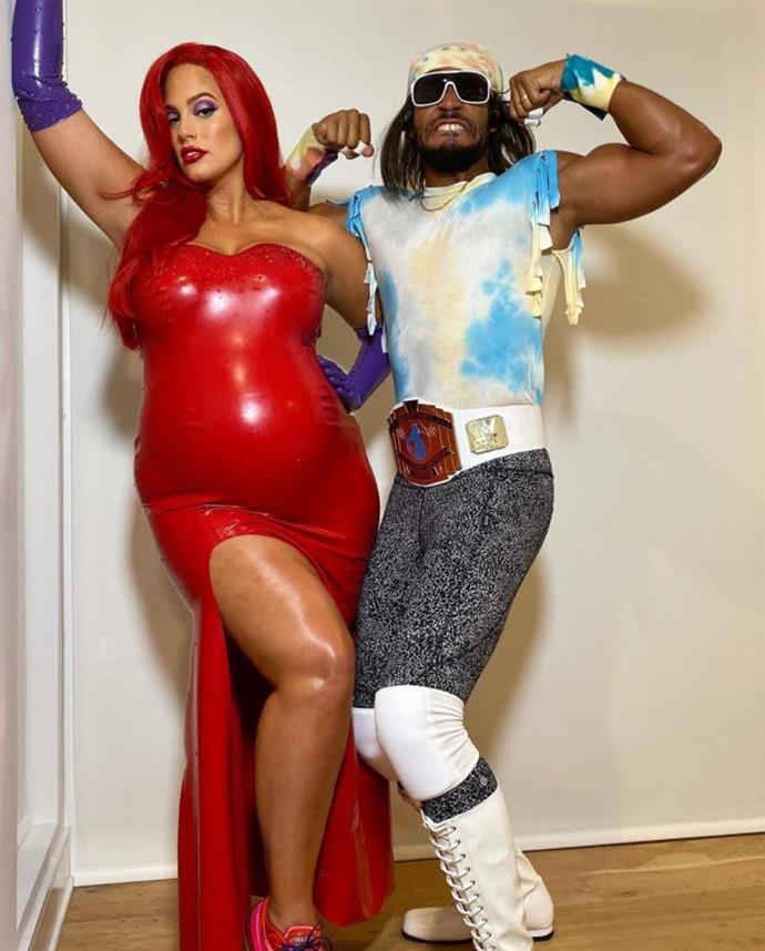 "Macho Man knocked up Jessica Rabbit for Halloween." Parents-to-be Ashley Graham and her hubby Justin Ervin make quite the pair!