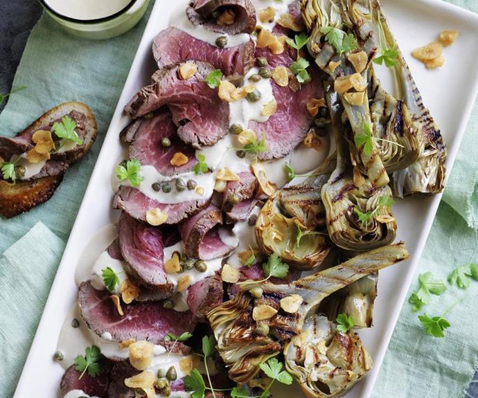 **Roast beef, tuna aïoli & artichokes**
<br><br>
Thinly sliced beef with tuna aioli, garlic, capers and parsley. Salivating yet?
<br><br>
[**Read the full recipe here**](https://www.womensweeklyfood.com.au/recipes/roast-beef-tuna-aioli-and-artichokes-3965|target="_blank")