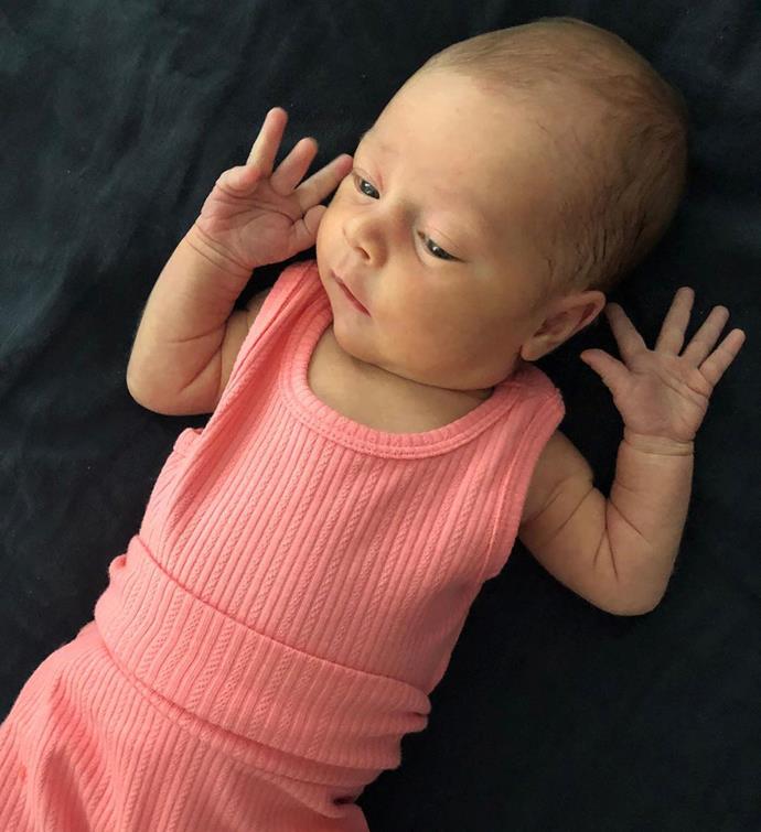 Jake uploaded this sweet pic of baby Frankie in a cute peach outfit, with the caption: "Hands up if you already have Dad wrapped around your finger... 🖤 #prouddad".