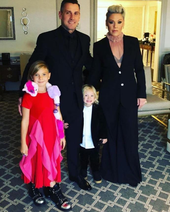 "The fam is ready to watch mama @pink get her award!!! We are all so proud of you baby," proud husband Carey captioned this sweet photo of the awesome foursome.