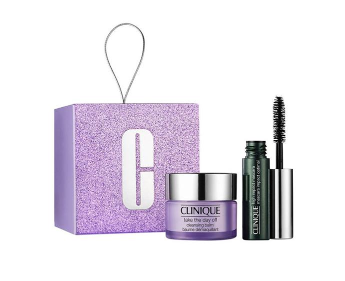 **Clinique Beauty Bauble, $24 at [Myer](https://www.myer.com.au/p/clinique-beauty-bauble|target="_blank"|rel="nofollow")**
<br><br>
Packaged in a festive Christmas bauble, this set is pretty enough to hang on the tree. Clinique's favourite High Impact Mascara and Take The Day Off Cleansing Balm are shrunk down into purse size, making this the perfect pack for flawless desk to date night transitions.