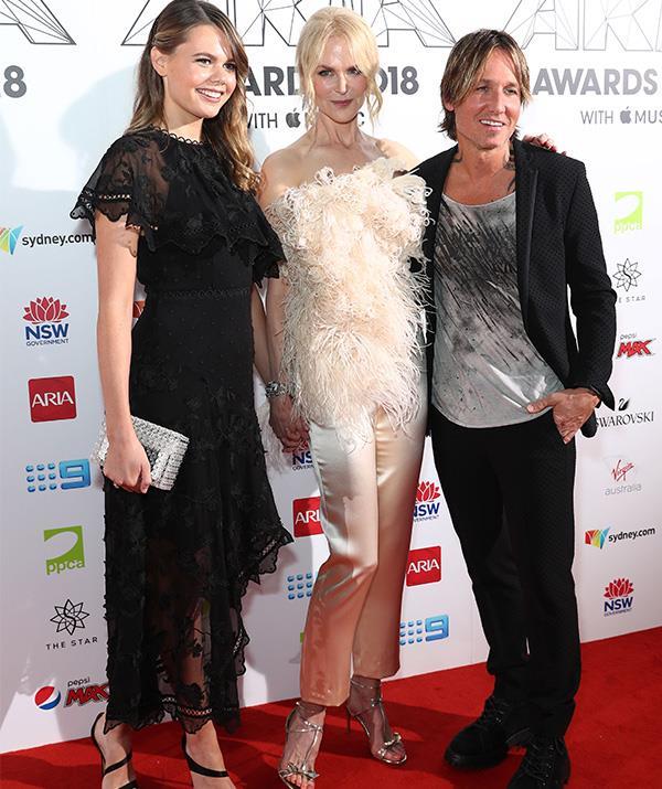 At the 2018 ARIA Awards, host Keith Urban brought along the ultimate entourage - his wife Nicole Kidman and [her niece, 21-year-old Lucia Hawley](https://www.nowtolove.com.au/celebrity/celeb-news/nicole-kidman-niece-lucia-52749|target="_blank"). The golden trio stole the show - not least for Nicole's feathers + pants ensemble.