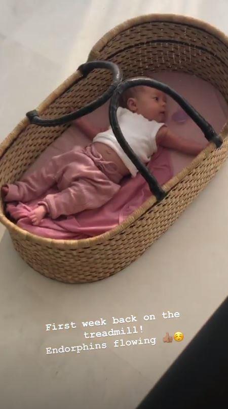 "First week back on the treadmill! Endorphins flowing," Jen captioned this Instagram video of herself walking on the treadmill, six weeks after giving birth, while baby Frankie watched on from her basket on the floor.