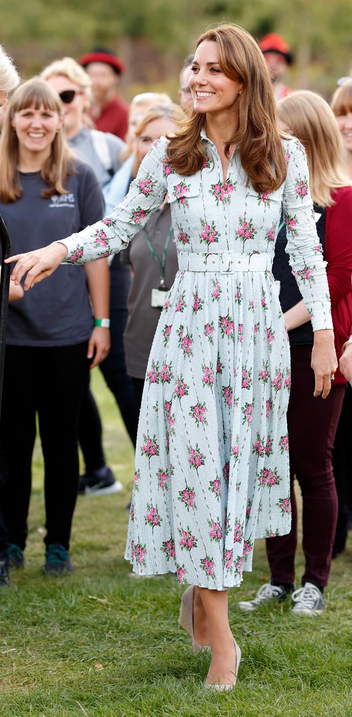 In September, the Duchess made the most of the lingering English summer by wearing this glorious Emilia Wickstead blue printed dress. There's no denying every eye in the general vicinity was drawn to the Duchess as she stepped out at the [RHS Garden Wisley](https://www.nowtolove.com.au/royals/british-royal-family/kate-middleton-princess-charlotte-hairstyle-58167|target="_blank"). The event marked the opening of the Back to Nature garden, which was inspired by Kate's own Chelsea Flower Show garden design. 