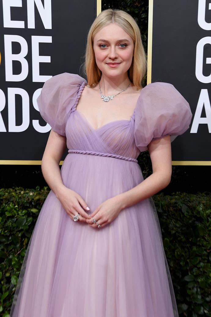 Dakota Fanning goes full puff in a lilac design. Some serious sleeve action going on here...