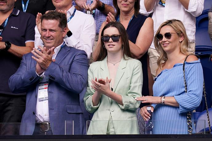 Karl Stefanovic (left), his daughter Ava (centre) and pregnant wife Jasmine Yarbrough (right) were all smiles as they watched a game unfold on day three.