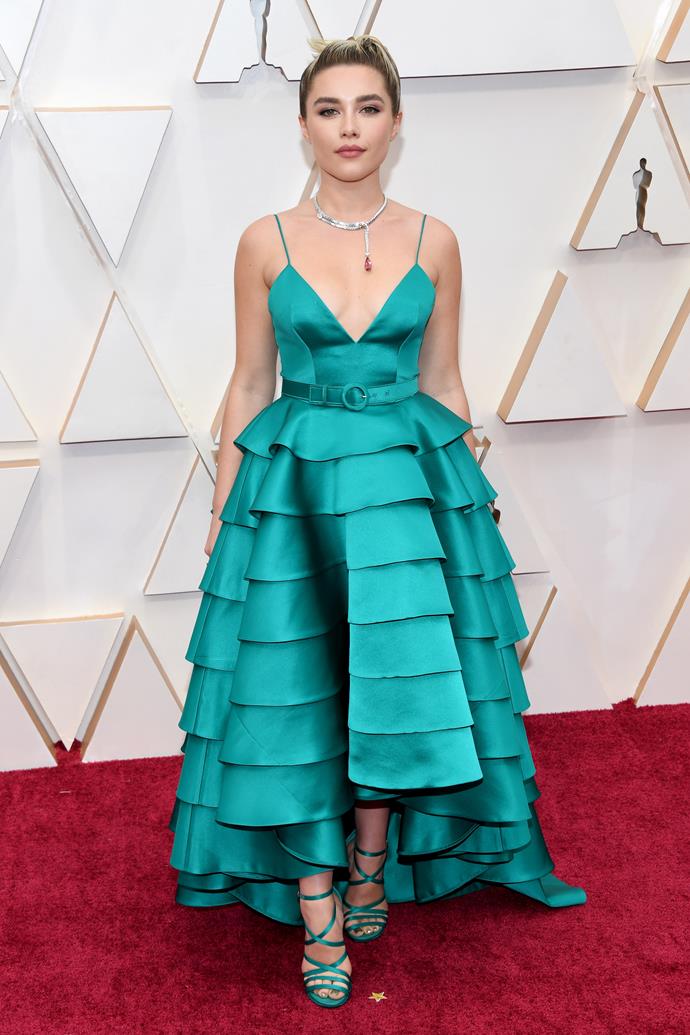 *Little Women* star and best supporting actress nominee Florence Pugh makes a bright and bold statement in teal.
