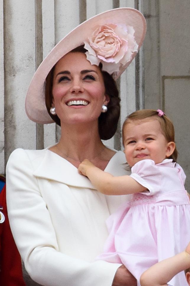 For her first Trooping the Colour, little Charlotte and Duchess Catherine opted for matching shades of pale pink.