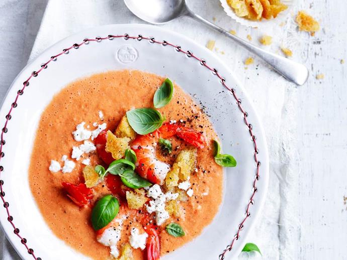 The beauty of celebrating Valentine's Day in the Southern Hemisphere is we can enjoy refreshing meals like this [**gazpacho with feta and prawns**](https://www.womensweeklyfood.com.au/recipes/gazpacho-with-feta-and-prawns-1-28875|target="_blank").
