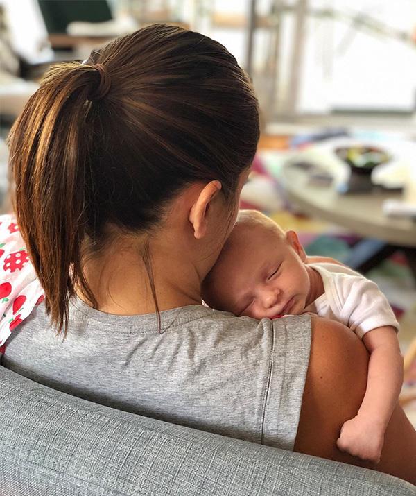 "My little Joey. He's been with us almost a month. I've never loved so hard, slept so little, cried so much or worried so irrationally. He's got me good," Jayne wrote on Instagram a month after she gave birth. 
<br><br> 
Joey looks like he's found the perfect napping spot!