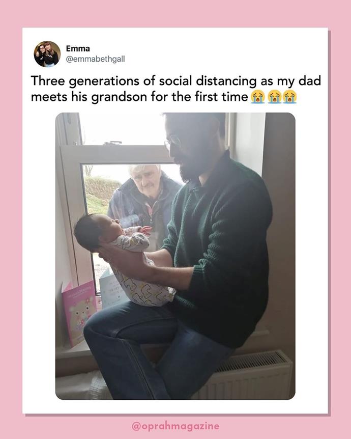 Even in these times of self-isolation, people are still finding safe ways of sharing in the moments that matter most - like this father introducing his new baby to his own Dad. We're not crying, you're crying!