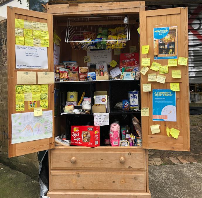 A local resident in Sydney's Newtown snapped this extraordinary example of community caring.
<br><br
"Take what you need, leave what you can" reads the sign on the door of this public pantry, offering food, toilet paper and other essentials. 
<br><br>
There are also many messages of appreciation and well-wishes scattered over the doors - a heartwarming show of generosity and gratitude.