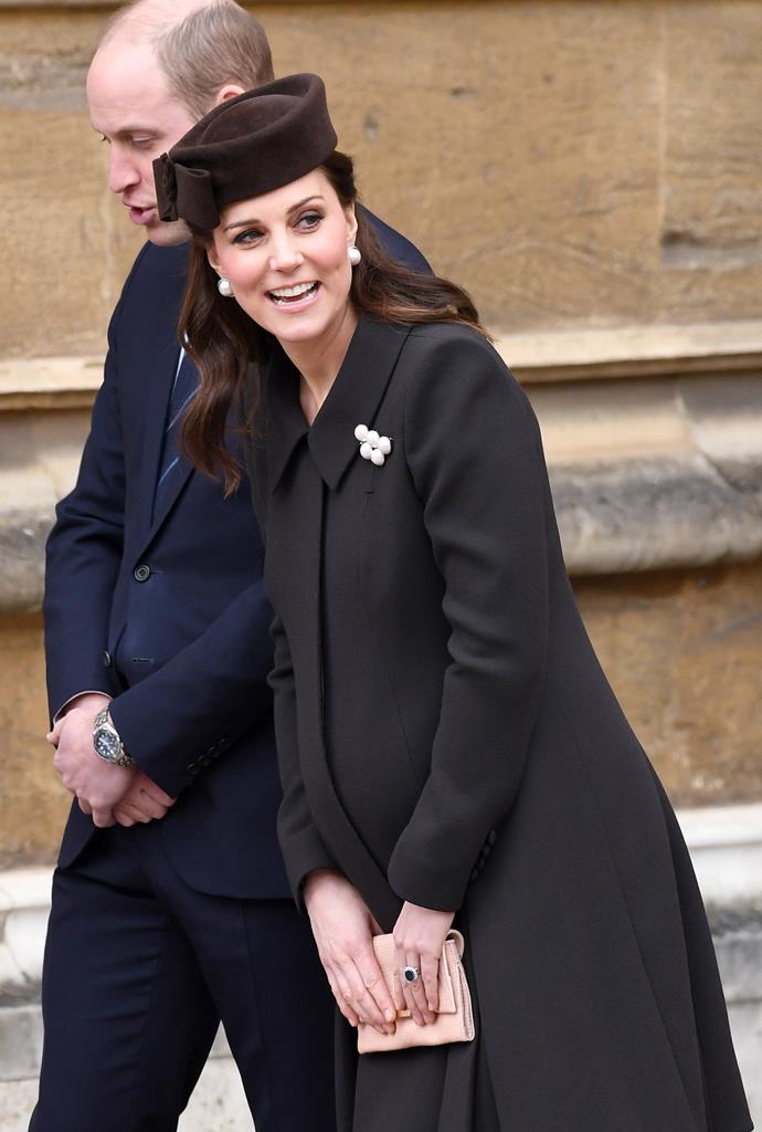 Pregnant with Prince Louis, Catherine's baby bump was the perfect accessory alongside her chocolate brown hat and Catherine Walker coat in 2018.