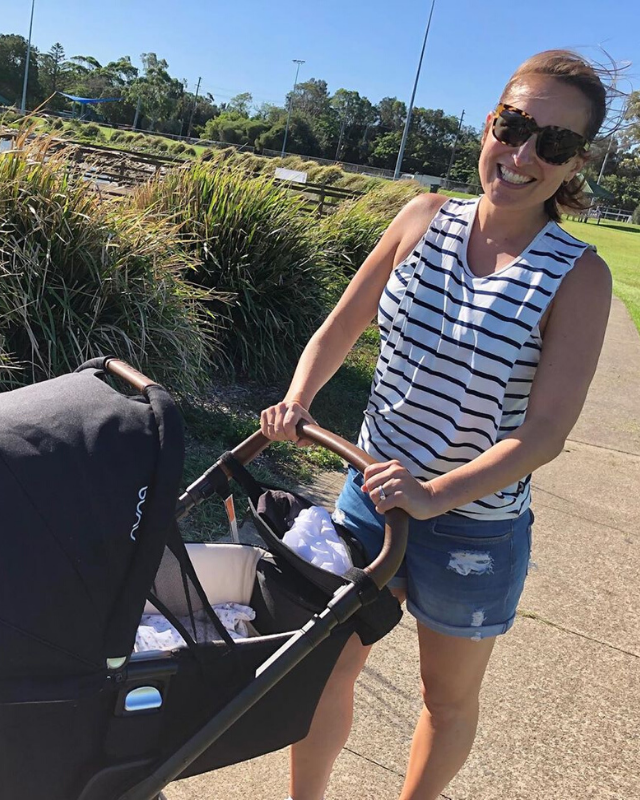 Looking fit and healthy as she pushed Joey around in the pram during their social distancing mother-son walk.