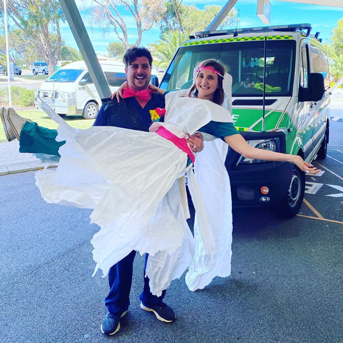 "When you can't get married but you work with some incredible people and they dress you in butchers paper and a garbage bag to make you feel like the most beautiful couple!"