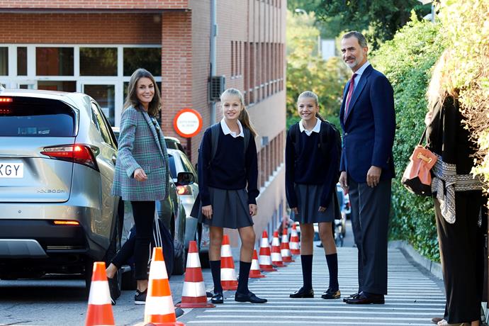 Relatable royals indeed! The royal sisters were photographed with their proud parents on the first day of the new school year in 2019. The pair attend the prestigious Santa Maria de los Rosales school.