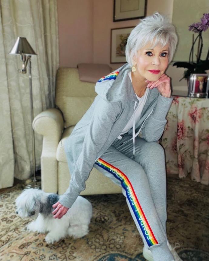 The one, the only, **Jane Fonda**. The 82-year-old has been rocking these awesome tracksuits while isolating at home.