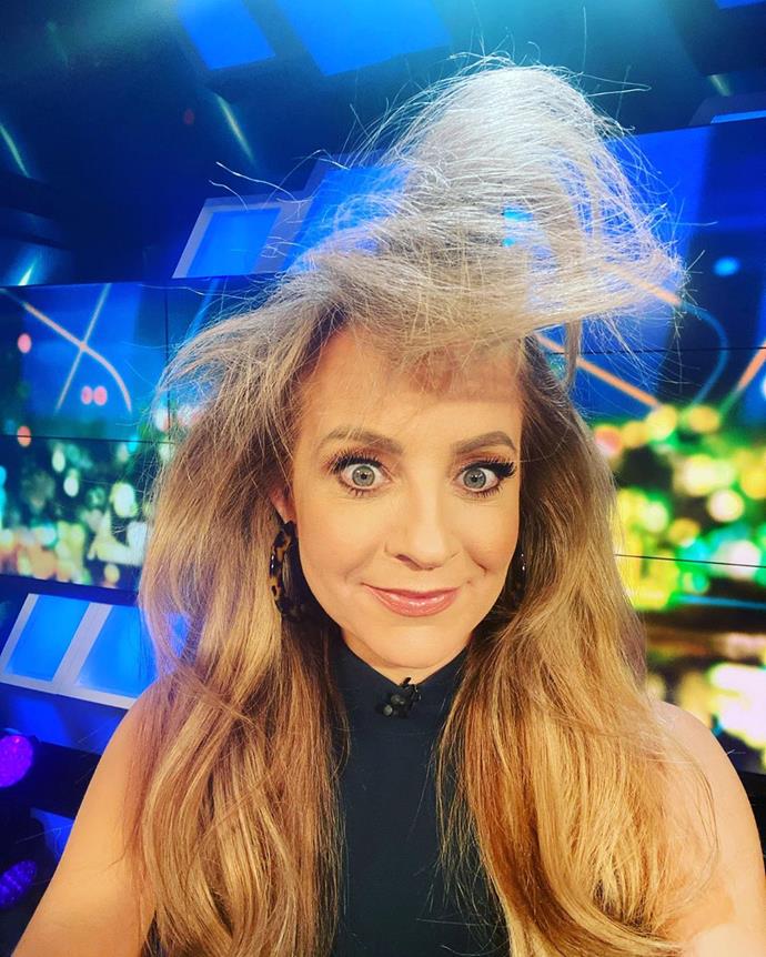 *The Project* host **Carrie Bickmore** kept it real with this hilarious selfie from inside the Channel 10 studio. "Too much?" Carrie joked. She and her co-hosts are still going on air each evening, except there is no studio audience. 