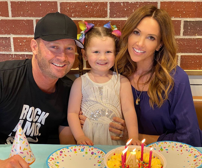 Michael Clarke (left) and Kyly Clarke (right) with their daughter Kelsey-Lee, who they still co-parent together.