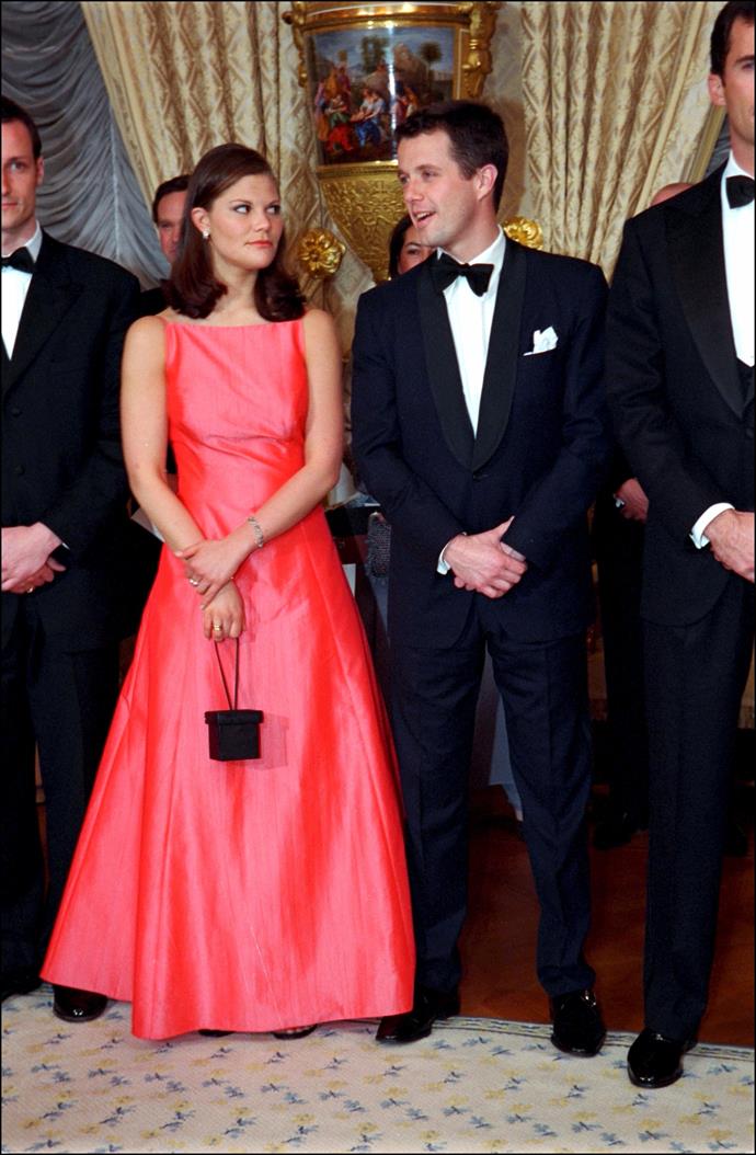 A sight for sore eyes,  Frederik and Victoria's friendship goes *way* back. Here in 2001, the pair shared a moment at a glamorous ball.