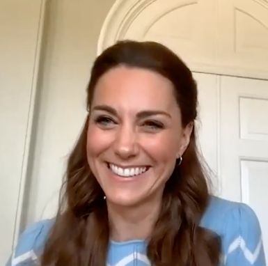 Kate [surprised two new parents](https://www.nowtolove.com.au/royals/british-royal-family/kate-middleton-video-call-blue-jumper-63783|target="_blank") to shine a light on UK Maternal Mental Health Awareness Week in this beautiful blue Tabitha Webb zig zag jumper. 
