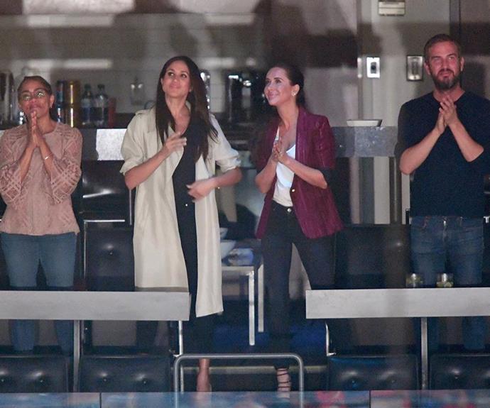 Jessica was by Meghan's side, along with her pal Markus Anderson and mother Doria Ragland (left), supporting Meghan and Harry at the Invictus Games in 2017.