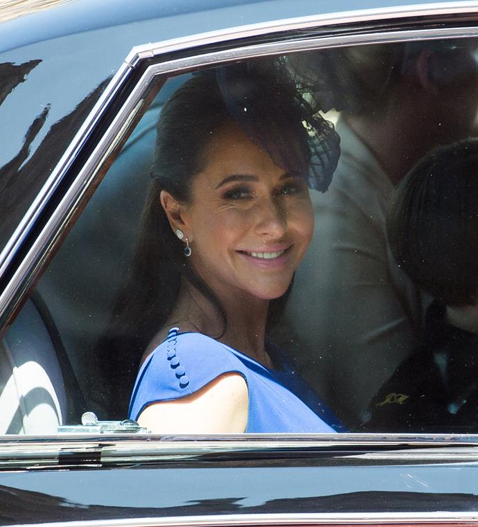 Jessica looked chic and classic in a royal blue dress as she made her way to the church.