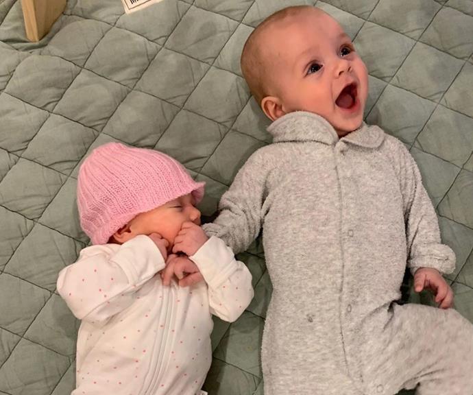Cousin love: Oscar with his baby cousin Harper. The pair, who are just three months apart, look like they are already set to be the best of friends.