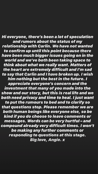 A screenshot of the full statement Angie posted on Instagram.