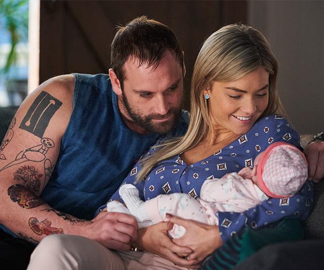 Jake's character Robbo with his on-screen partner Jasmine Delaney (Sam Frost) - becoming a father on the show gave Jake a "crash course" in parenthood.