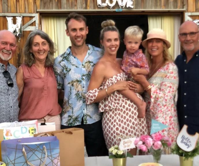 Family celebrations! (L-R) Ryan Gruell's parents, Morgan's husband Ryan, Morgan, Flynn Gruell, Lisa Curry and Grant Kenny gather to celebrate the impending arrival of their newest family member.