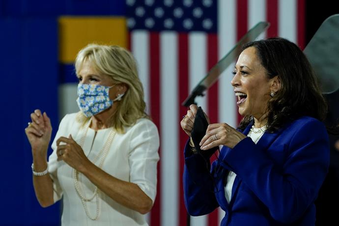 We love Jill's collection of COVID-friendly face masks *almost* as much as we love her and US Vice President candidate Kamala Harris campaigning together.