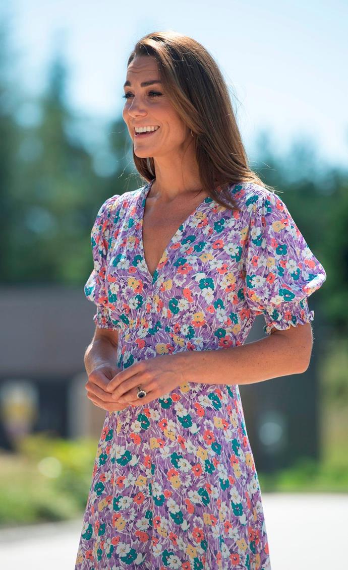 June brought us 2020's GOAT, our number one pick of the year - this [gorgeous floral puff sleeve dress](https://www.nowtolove.com.au/fashion/fashion-news/kate-middleton-puff-sleeve-dress-64416|target="_blank") of dreams by Faithfull the Brand. She wore it while mucking in at a community garden in Norwich. 