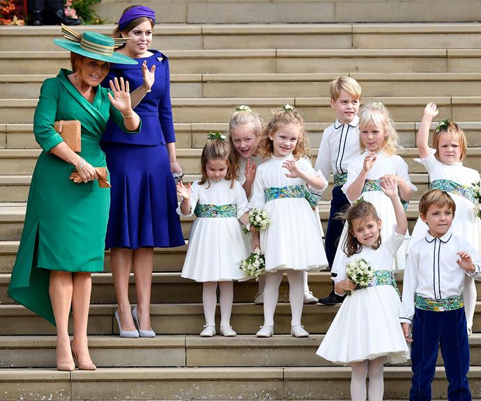 Princess Beatrice and Sarah Ferguson with Princess Eugenie's bridal party.