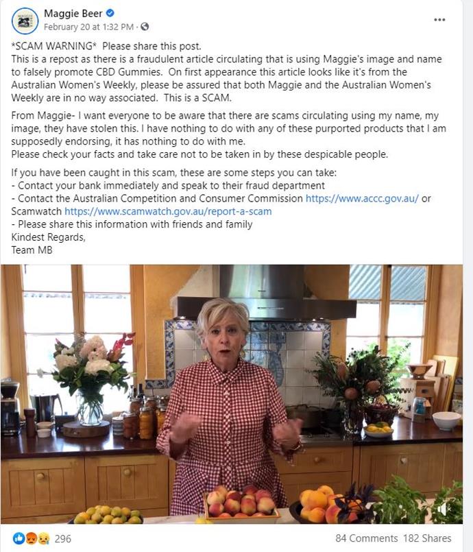 Maggie's official Facebook page shared a callout to her followers to be wary of the scam.